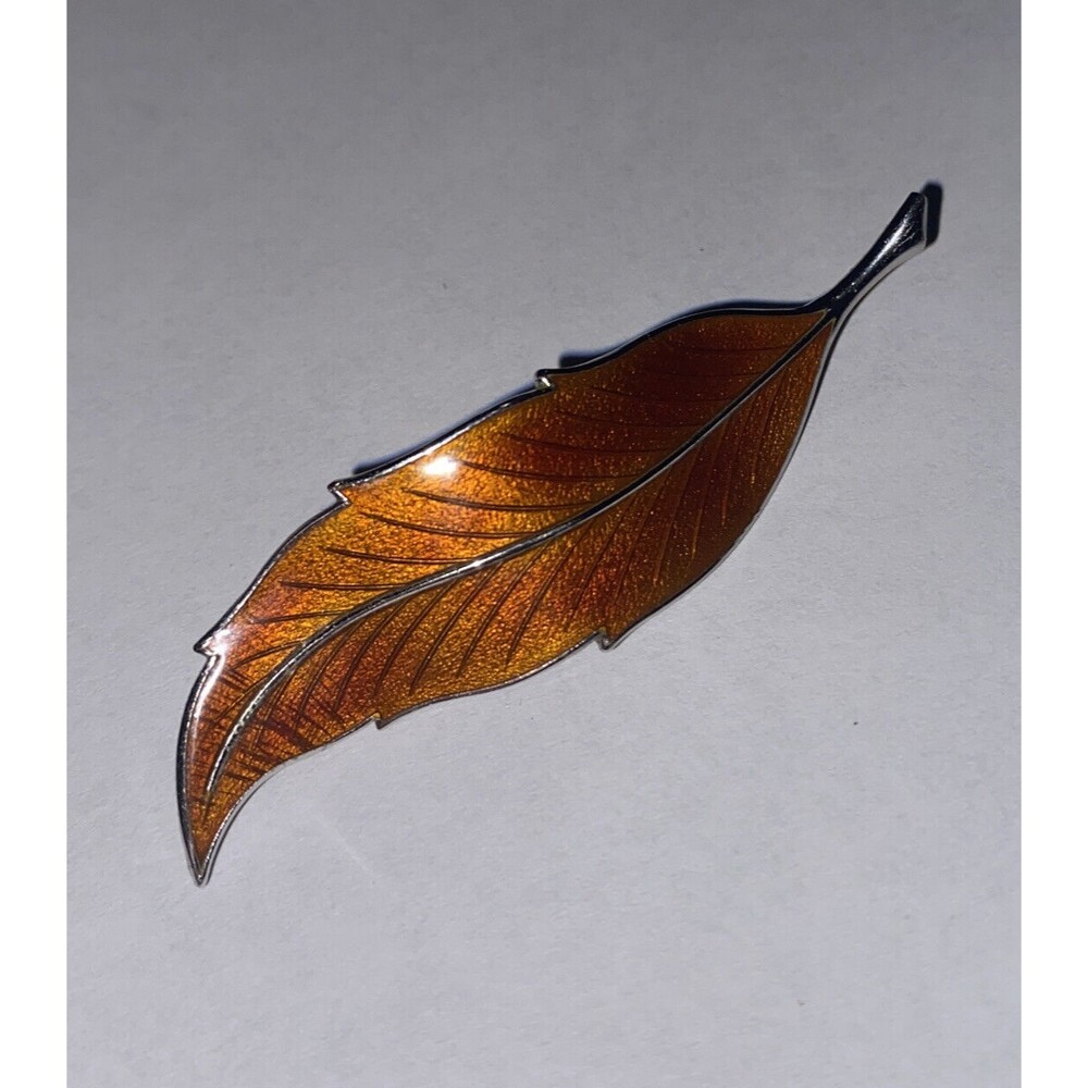 Designer Hedy Frosted Sterling Silver Signed Leaf Brooch Pin Brown Top Metal